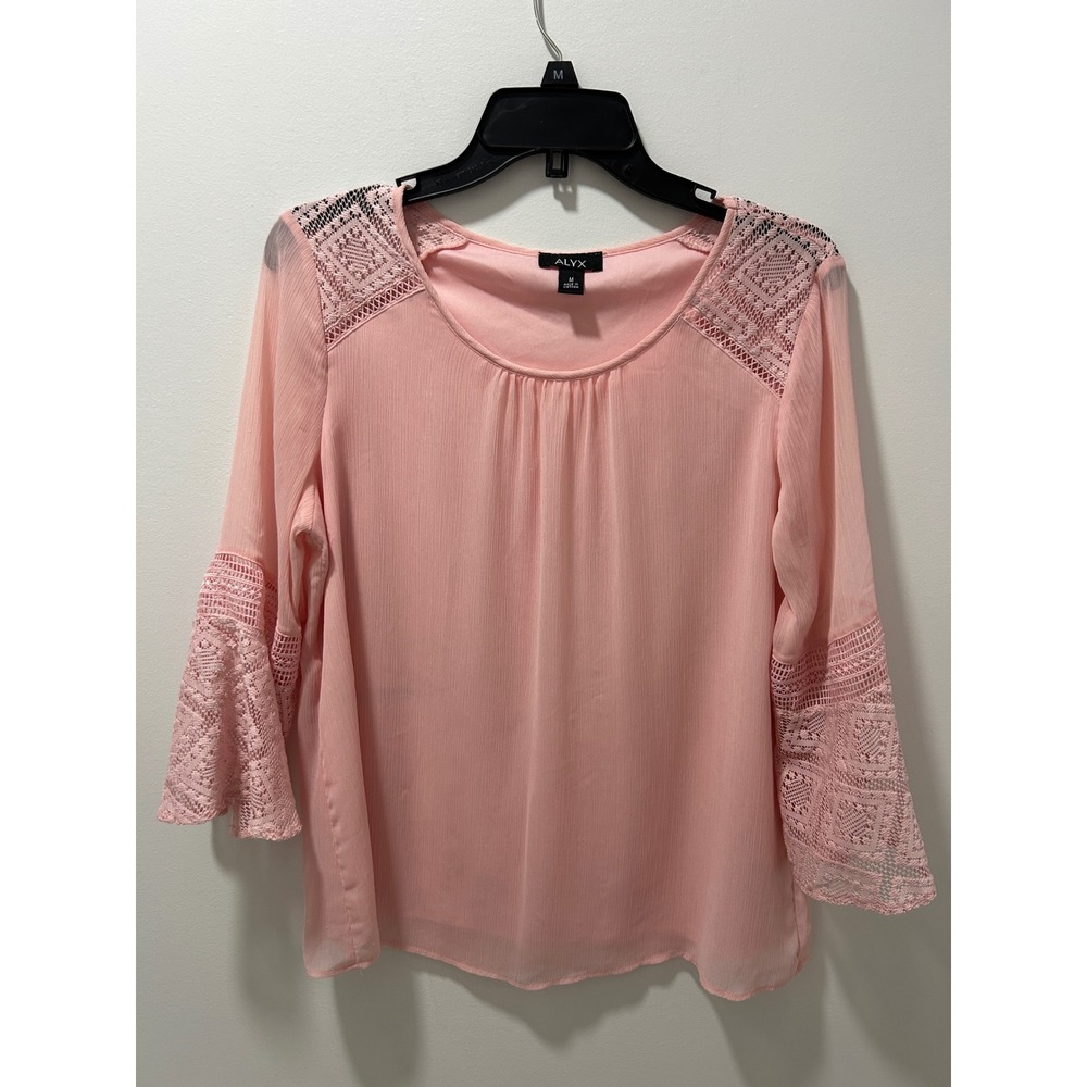 Alyx Womens Peach‎ Pink Crochet Lace Bell Sleeve Chiffon Blouse Top Medium